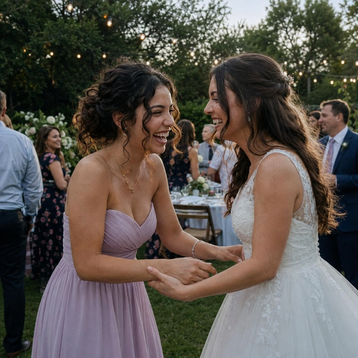Bridesmaid and bride laughing together at the wedding reception