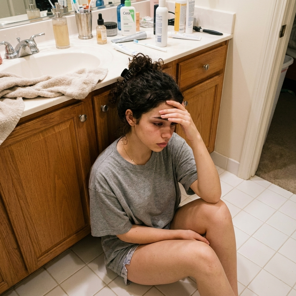 Woman sitting on a bathroom floor upset about a breakout