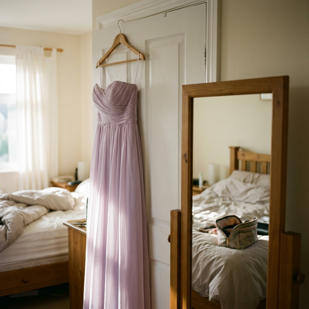 Lavender strapless bridesmaid dress hanging on a door before the wedding