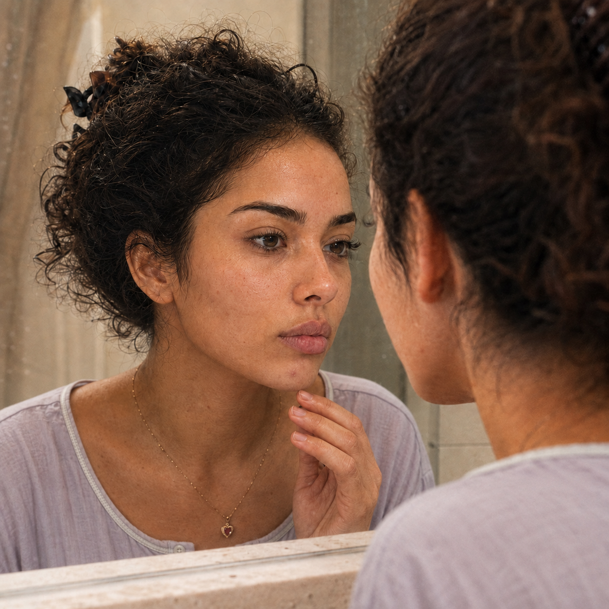 Woman looking in the mirror at noticeably calmer, flatter skin the morning after treatment