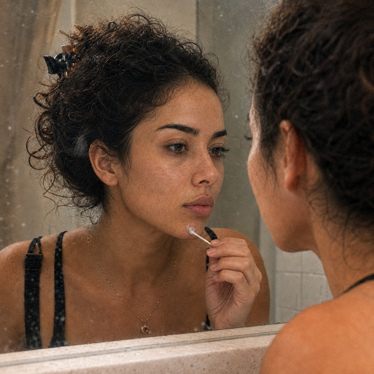 Woman applying ClearCue spot treatment directly to a blemish in the mirror