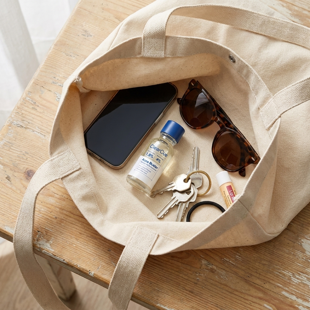 ClearCue Acne Buster bottle inside a tote bag with phone, sunglasses, and keys