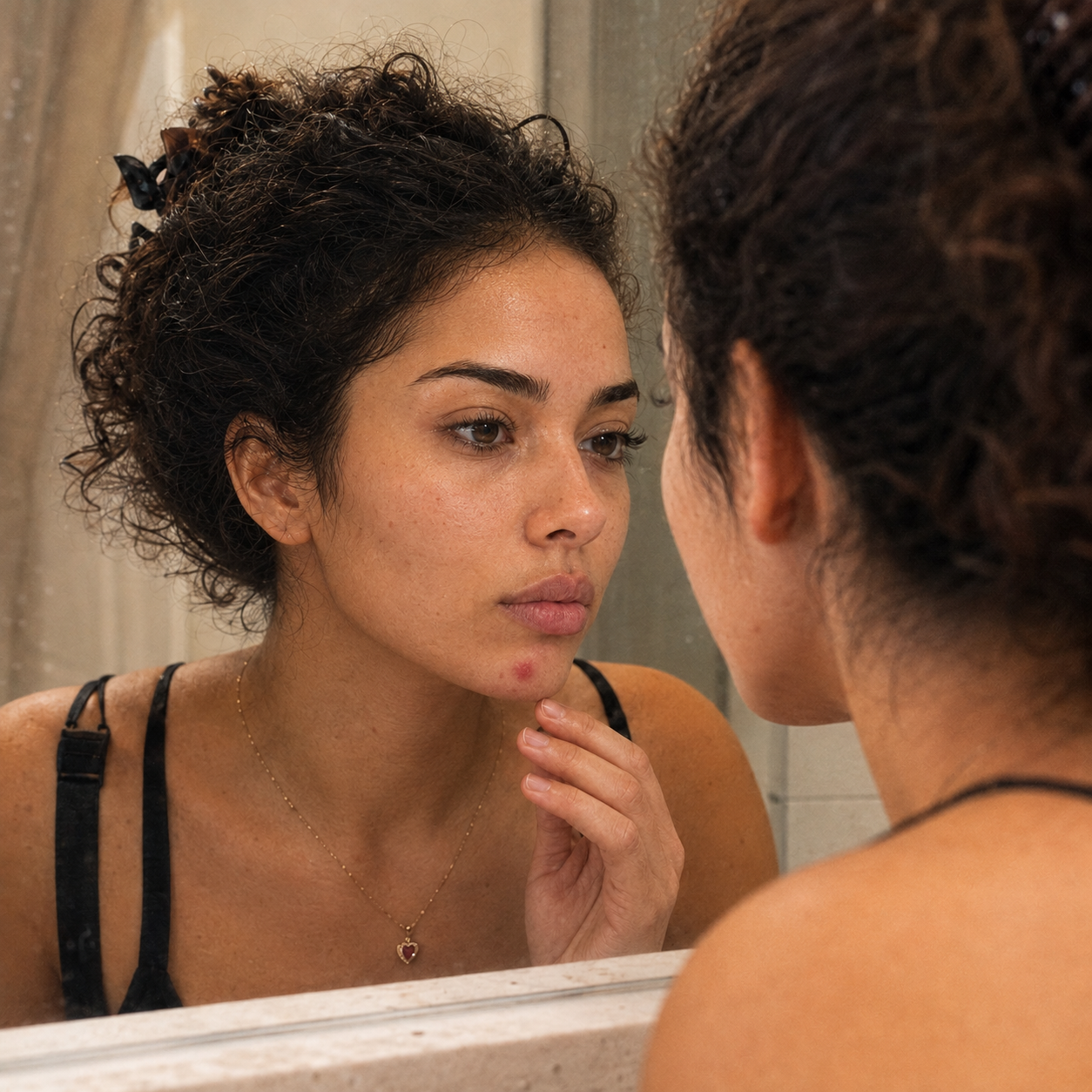 Woman applying ClearCue spot treatment directly to a blemish in the mirror