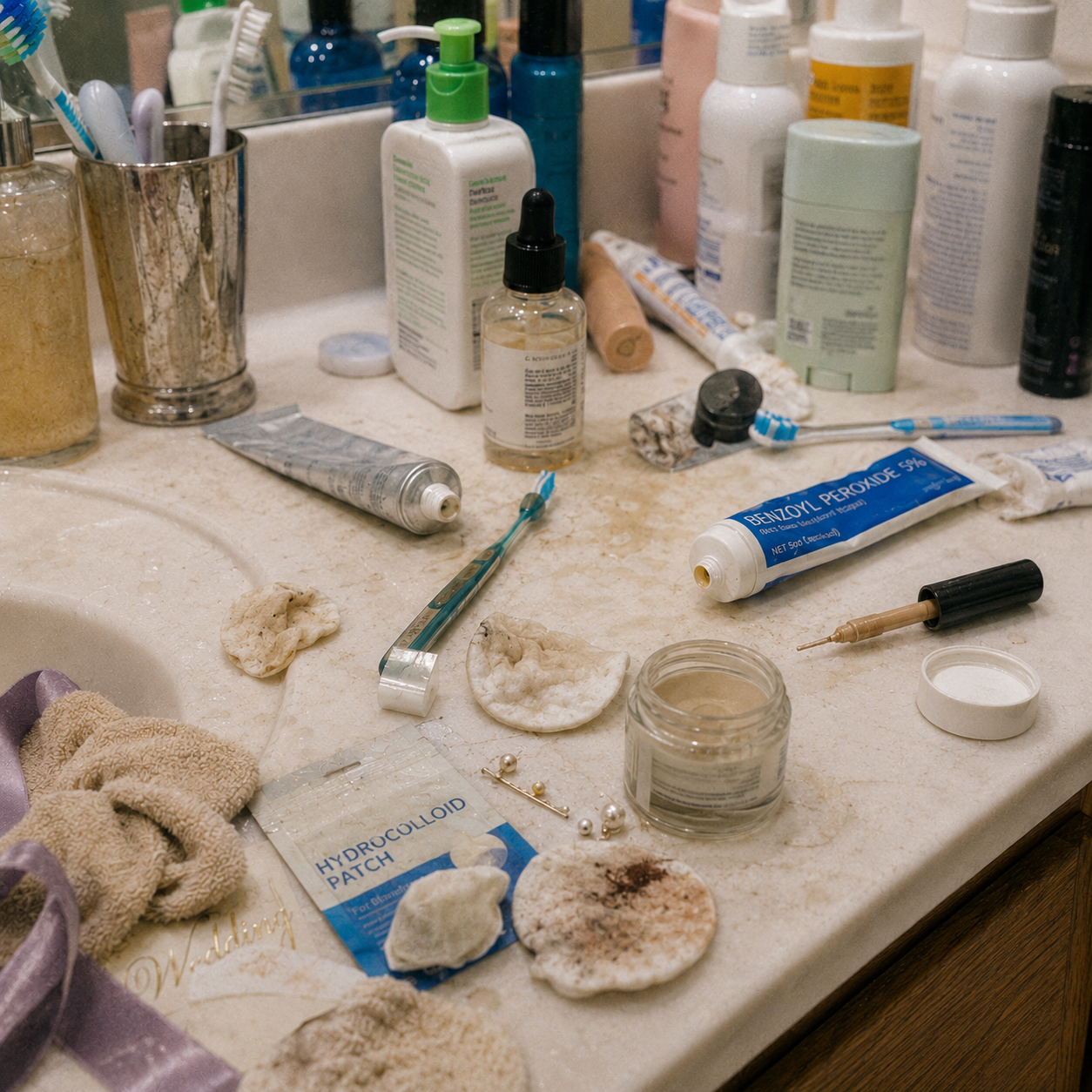 Bathroom counter covered with failed spot treatments, hydrocolloid patches, and a wedding invitation